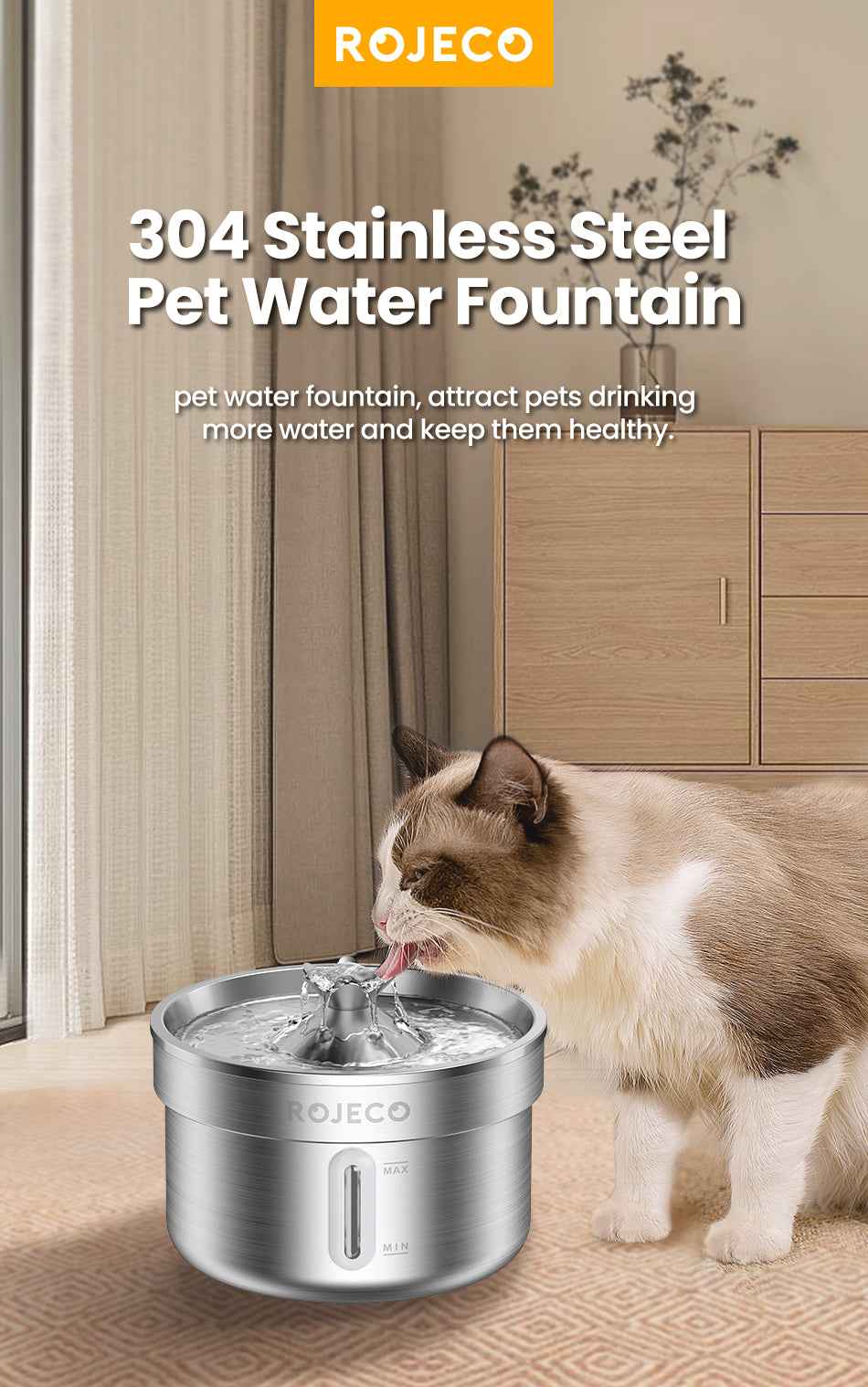 ROJECO 2L Stainless Steel Cat Water Fountain