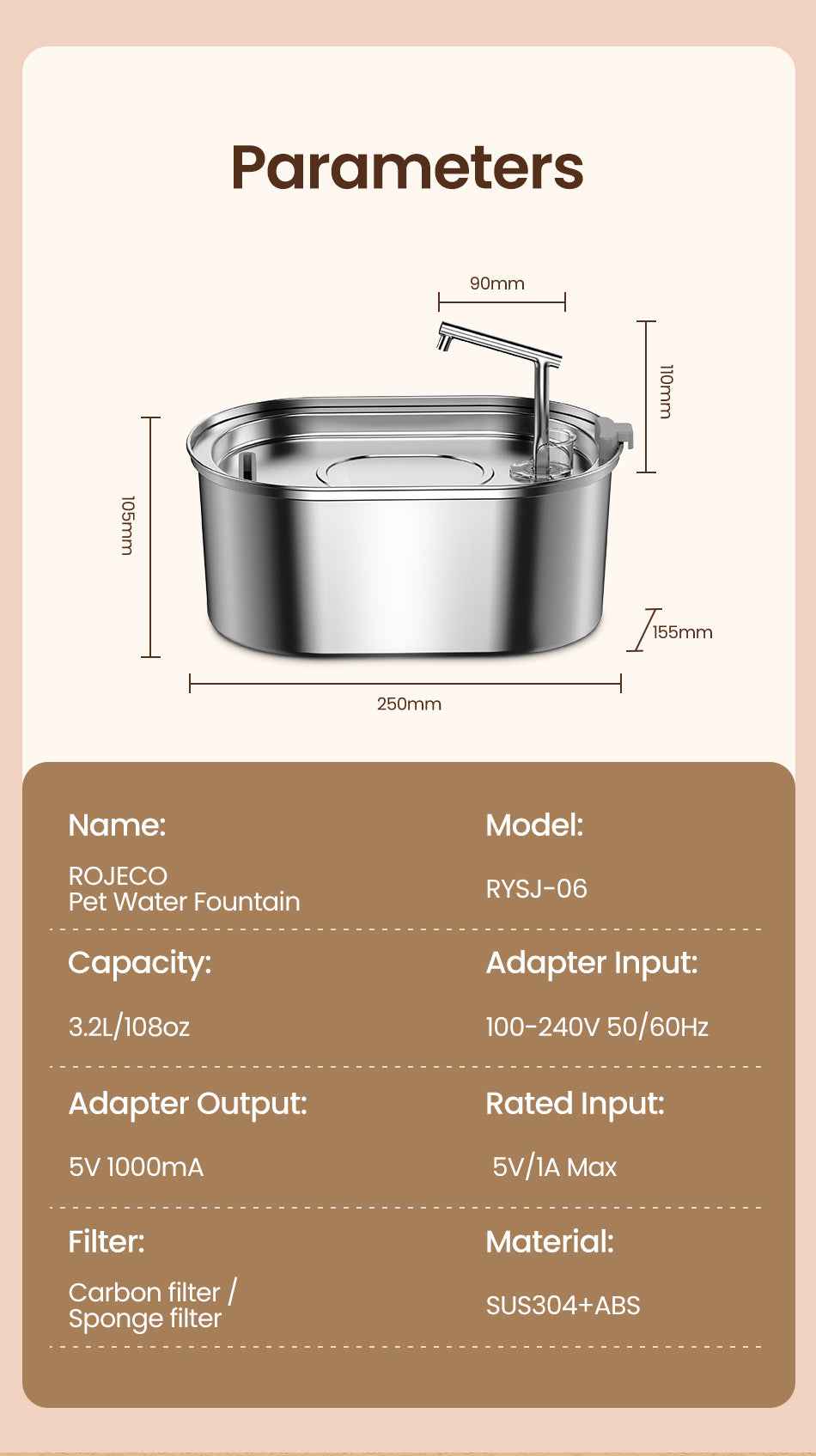 ROJECO 3.2L Stainless Steel Cat Fountain