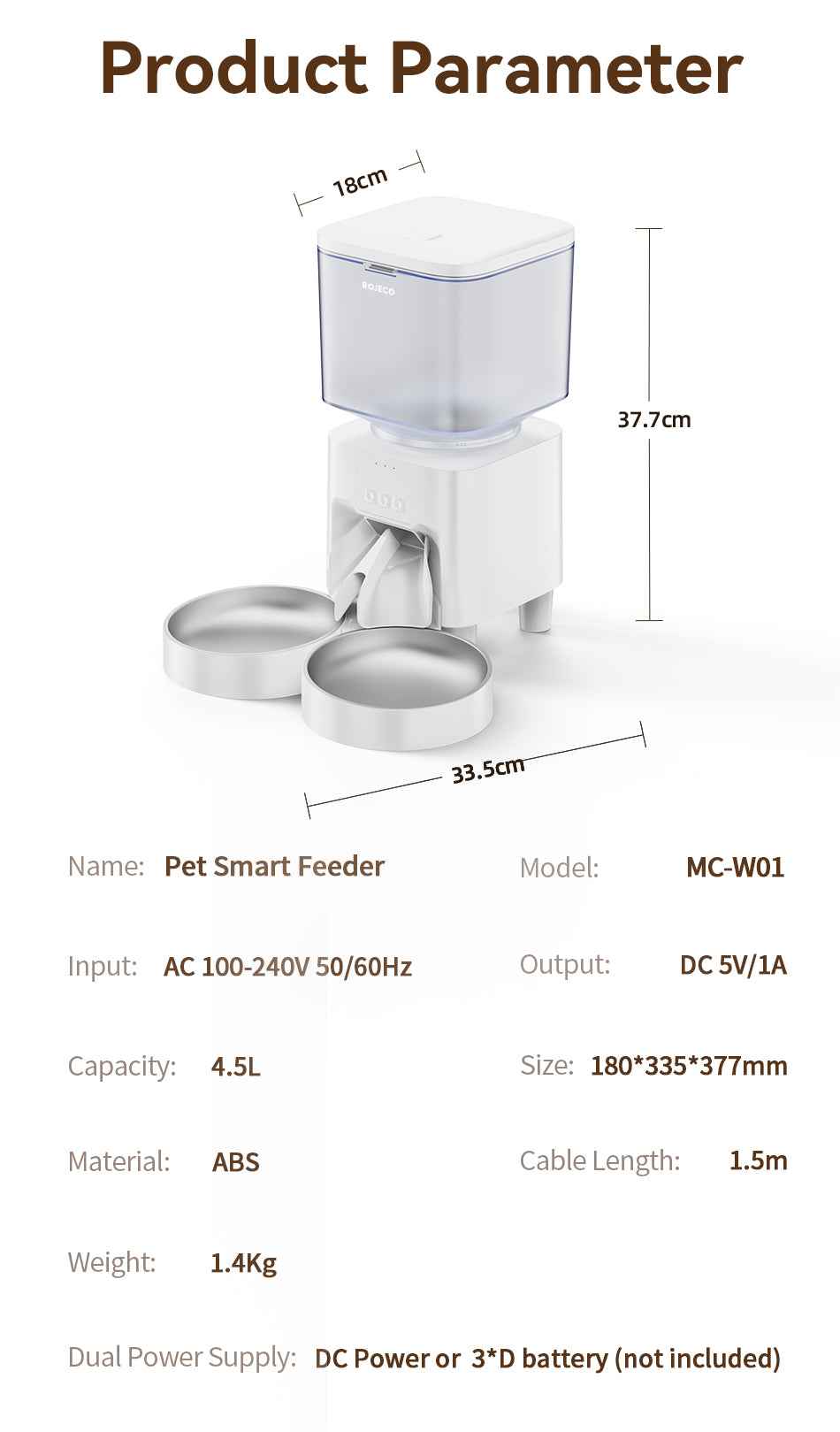 ROJECO 4.5L WiFi Smart Pet Feeder