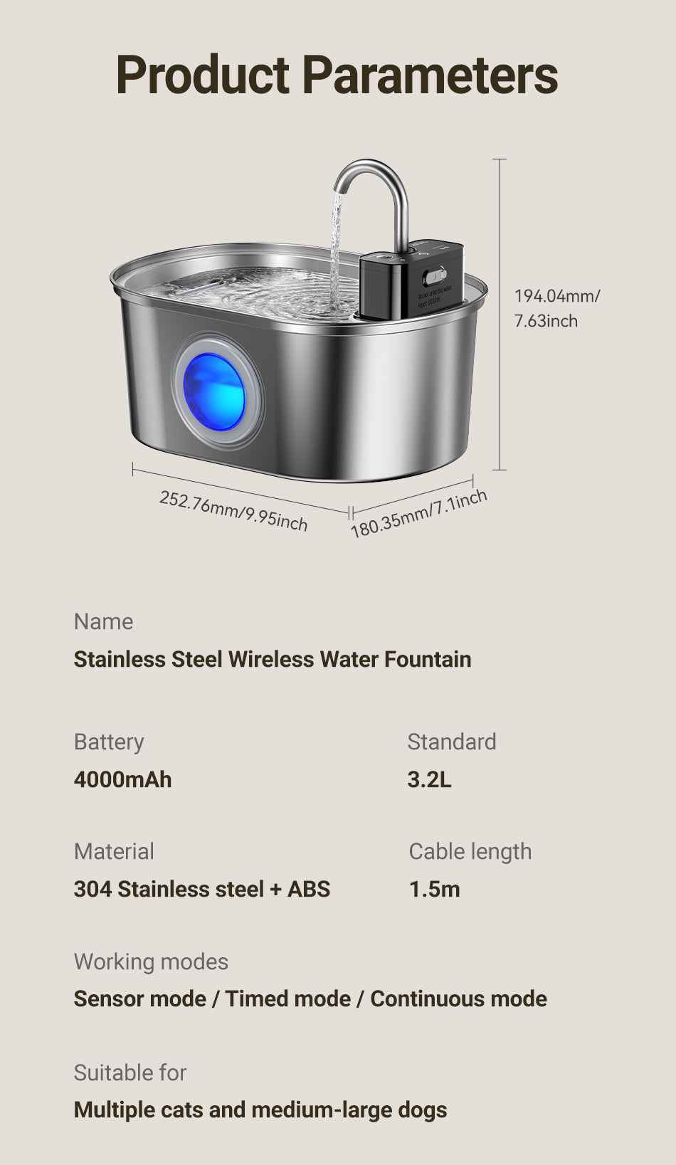 ROJECO 3.2L Wireless Stainless Steel Fountain