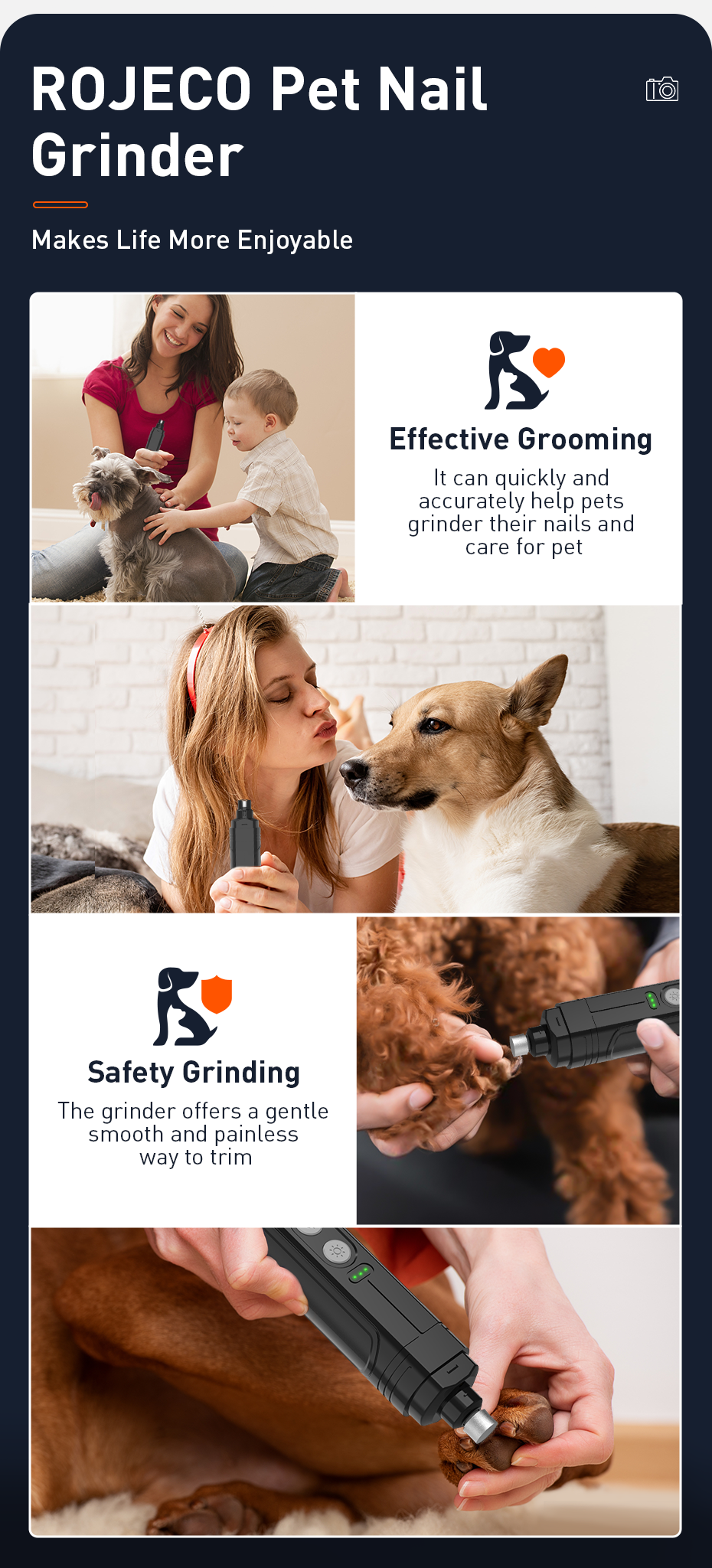 ROJECO P3 pet nail grinder — 2 LED lights, 3 speeds, 600mAh — ROJECO pet nail grinder.