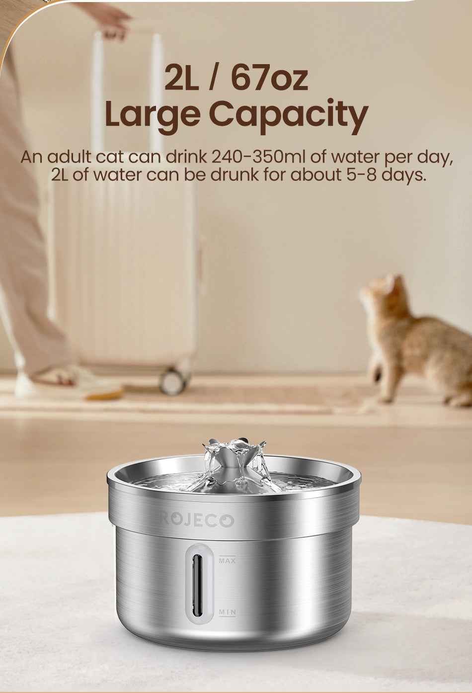 ROJECO 2L Stainless Steel Cat Water Fountain