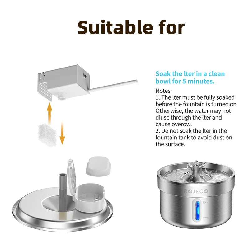 ROJECO 2L Stainless Steel Cat Water Fountain Replacement Filter