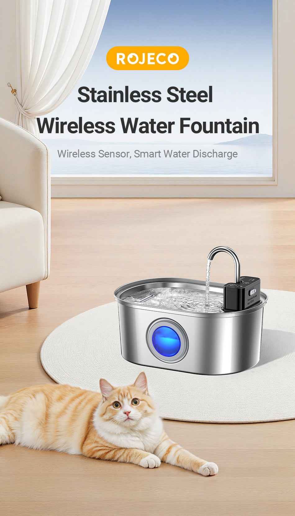 ROJECO 3.2L Wireless Stainless Steel Fountain