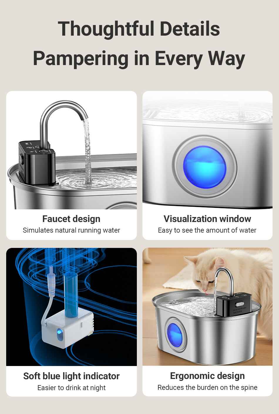 ROJECO 3.2L Wireless Stainless Steel Fountain