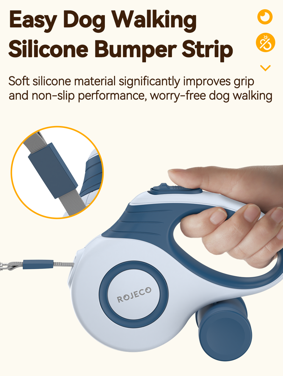 ROJECO 3M/5M retractable dog leash — lightweight, up to 35kg — easy dog walking with silicone bumper strip.
